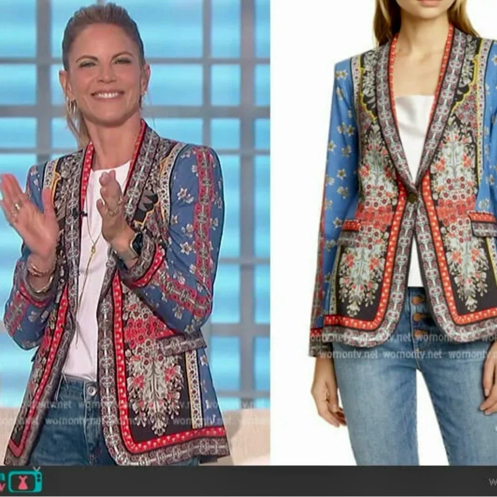 Alice + Olivia Macey Linen Blazer Floral Scarf Print Blue Red Size 2 - Picture 7 of 16